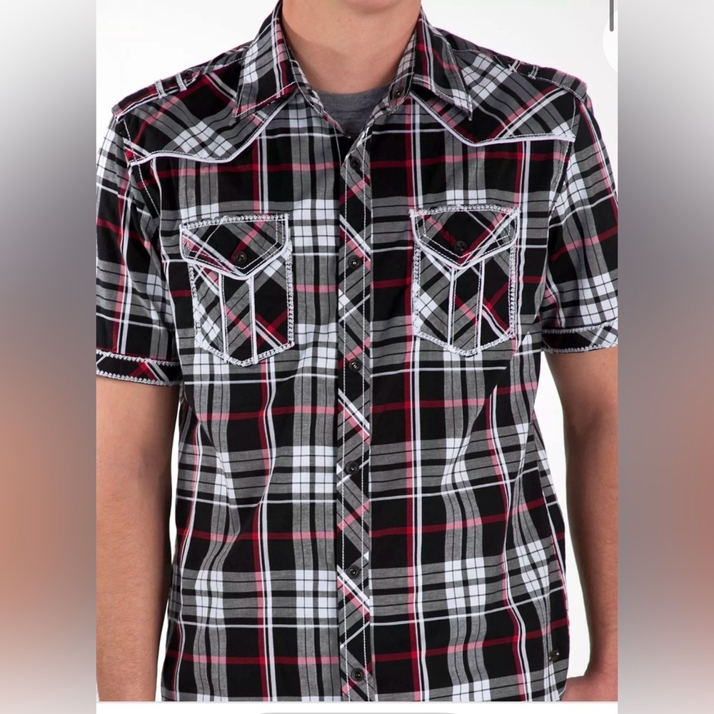 Buckle black plaid western snap front short XL
